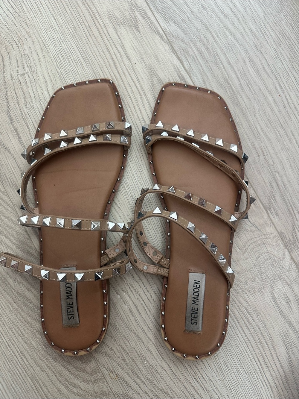 Steve Madden Tan Pyramid Stud Strappy Sandals